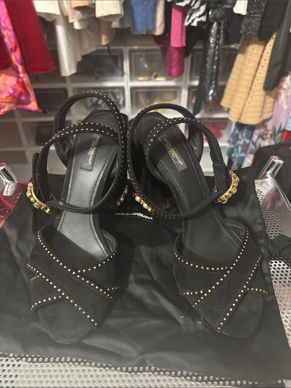 Dolce & Gabbana Black Suede Studded Cross-Strap Heels